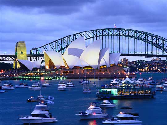  Opera House and Harbour Bridge at early evening, New Years Eve
