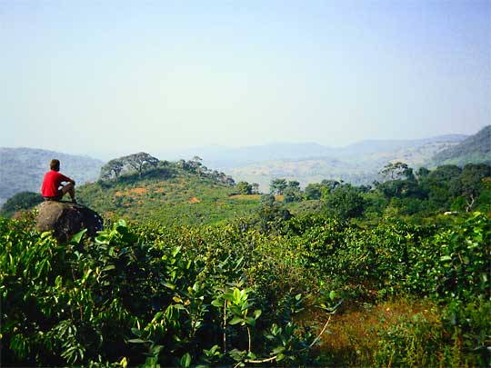  Lone hiker, having rest, in cool green highlands of Fouta Djalon Plateau