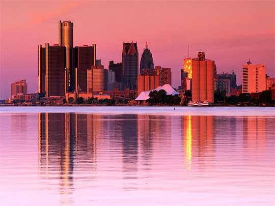  Pink, dusky Detroit River skyline.
