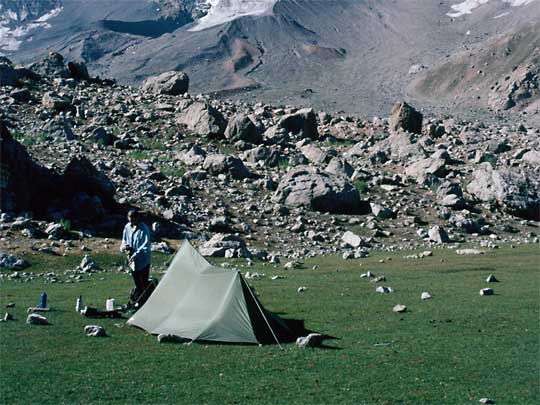  Lone traveller in valley, in Fan Mountains, near Uzbekistan border