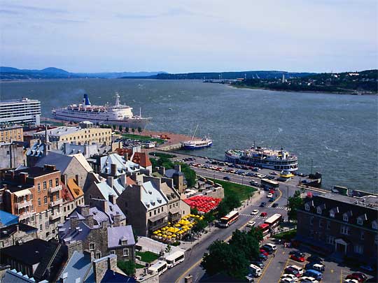  View of Old Quebec city and passenger ferries on Saint Lawrence River