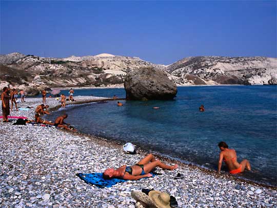  Sunning and swimming on beach at Aphrodite's Rock, Southern Cyprus