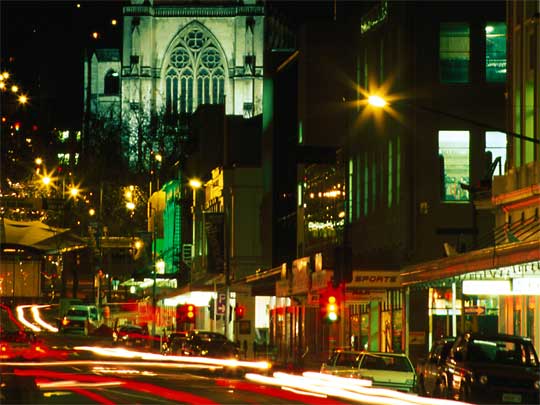 Lower Stuart Street and St Pauls Cathedral in Dunedin