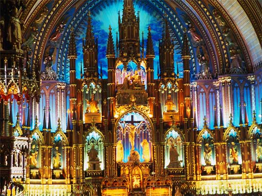  Blue and pink florescent lights inside Notre-Dame Basilica, Old Montreal