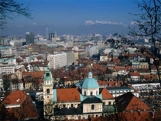  View over central Ljubljana, with Cathedral of St Nicholas in foreground