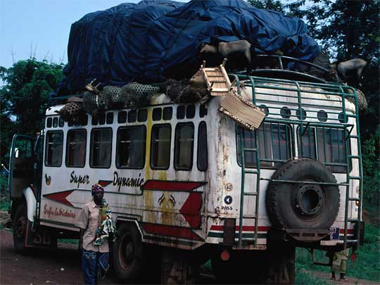  Fully laden bus, with goats, on route from Bangui to Kembe Falls