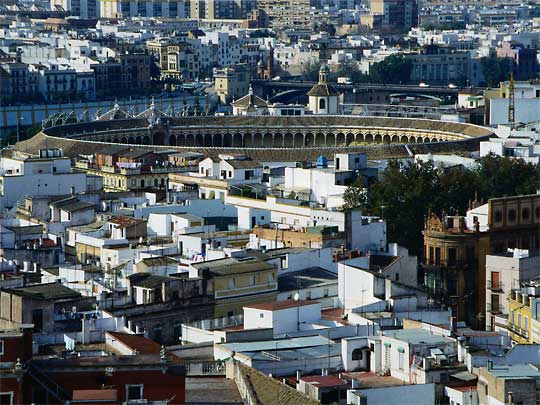  View of central Seville and Plaza de Torros bullfighting arena