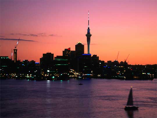  Waitermata Harbour at dusk with Sky Tower poking up above city